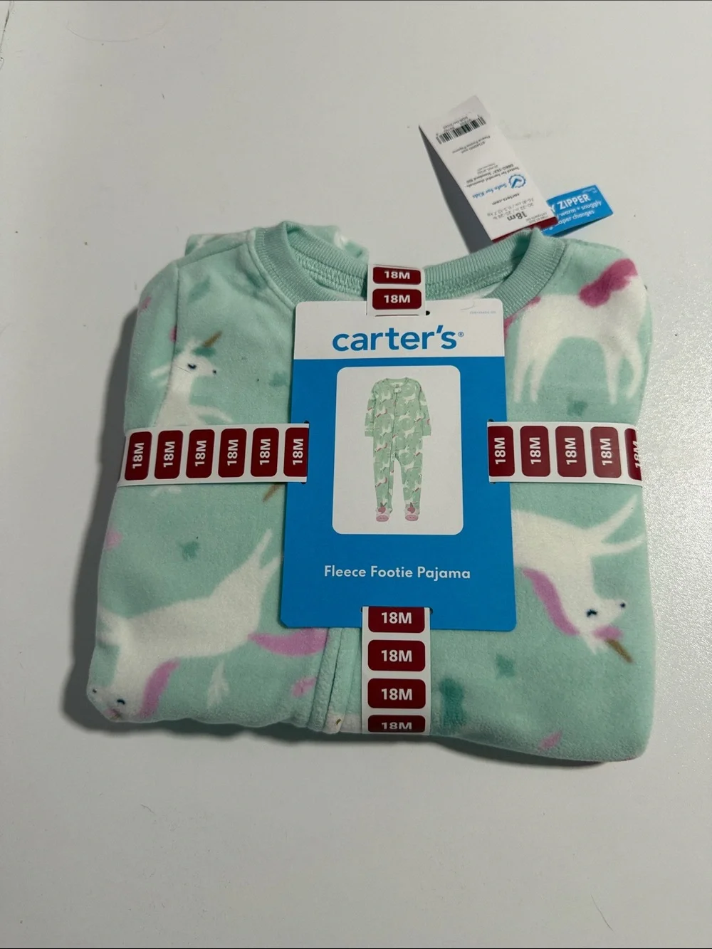 Carter's - Mint Green & White Unicorn Fleece Footie Pajama